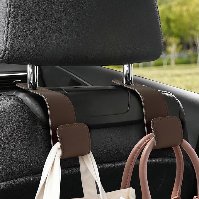 Leather Car Purse Hooks with Larger Strap Holder Purse Hook Purse Holder for car car seat Back Hooks Automotive seat Back Organizer headrest Hooks for Bags and Purse (Brown, 2pcs)