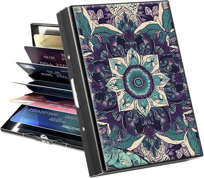Metal Wallet for Women Men Girls, RFID Blocking Slim Aluminum Credit Card Holder, Mini Travel Wallet with Hard Shell, Lightweight ID & Business Card Case,Art Mandala