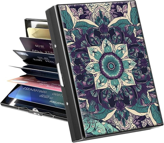 Metal Wallet for Women Men Girls, RFID Blocking Slim Aluminum Credit Card Holder, Mini Travel Wallet with Hard Shell, Lightweight ID & Business Card Case,Art Mandala