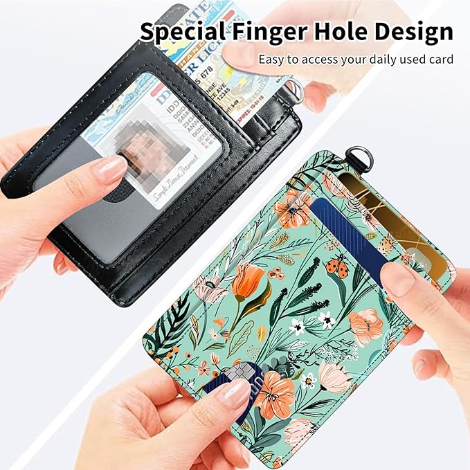 Slim Minimalist Front Pocket Wallet,Credit Card Holder Wallet for Women Men,RFID Blocking Credit Card Holder Case Leather Cute Small Thin Wallet ID Window&Wrist Strap,Floral Plant Green