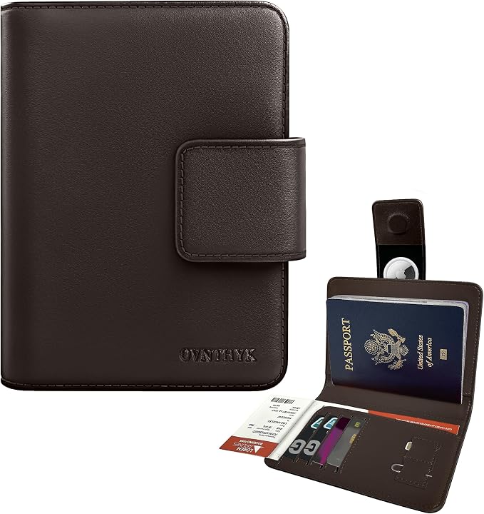 Premium Full-Grain Leather Passport Holder with Hidden AirTag Slot - RFID Blocking Travel Wallet for Men & Women, Luxury Organizer (Coffee Brown)
