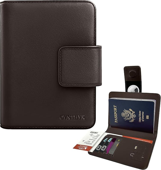 Premium Full-Grain Leather Passport Holder with Hidden AirTag Slot - RFID Blocking Travel Wallet for Men & Women, Luxury Organizer (Coffee Brown)