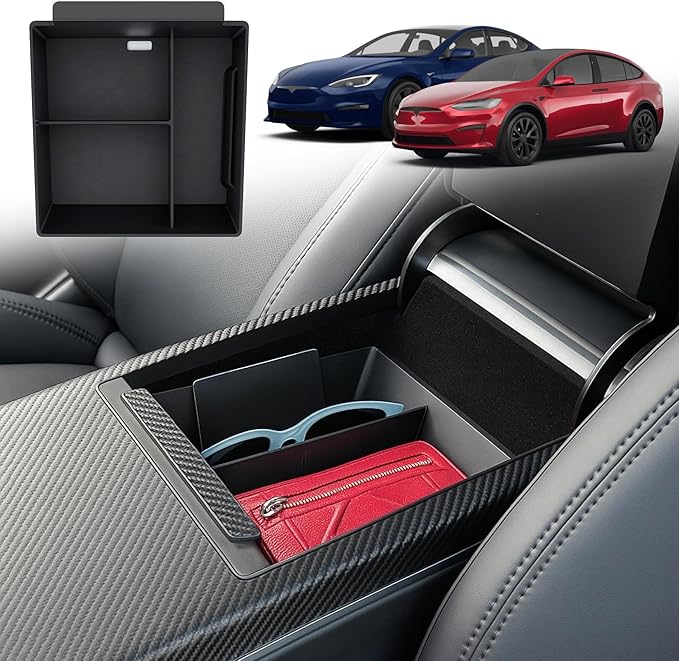 TWRAPS Center Console Organizer for Tesla Model X and Tesla Model S, Carbon Fiber Detail Armrest Storage Tray, Premium Faux Leather Inserts, Accessories Fit Model S/X 2021-2026 (Black)
