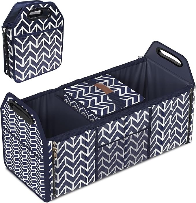 Orionstar Trunk Organizer, Foldable Car Storage Bag Portable Insulation Cooler Bag Collapsible Vehicle Organizer Divider Storage Totes with 3 Compartment Cargo Tote for Groceries Caddy SUV, Navy Blue