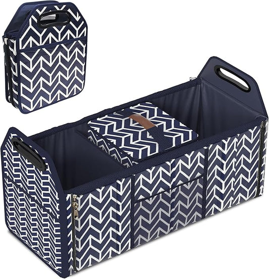 Orionstar Trunk Organizer, Foldable Car Storage Bag Portable Insulation Cooler Bag Collapsible Vehicle Organizer Divider Storage Totes with 3 Compartment Cargo Tote for Groceries Caddy SUV, Navy Blue