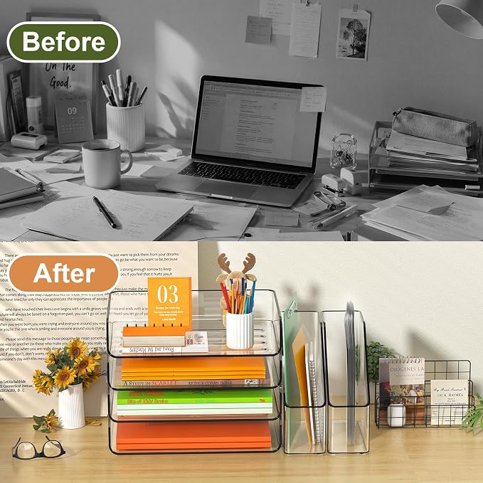 FANXIYQ 4-Tier Acrylic Paper Tray Organizer with Bookends, Large Clear Stackable Letter Tray Organizer for Desk, Acrylic File Organizer & Office Paper Storage, 12.6" Wide Desktop Organizer