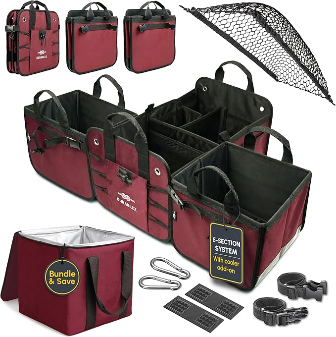 5-Section Trunk Organizer for SUV, Truck, Sedan, Van – Modular Extra Large Cargo Storage Bin, Detachable Car Trunk Organizer with Dividers, Collapsible Auto Organization System – Cherry Red