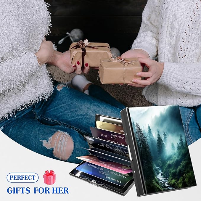 RFID Blocking Credit Card Holder - Slim Metal Wallet for Women & Men,Forest In Rain Design Stainless Steel Business Card Case,Compact Pocket Organizer for Travel & Daily Use