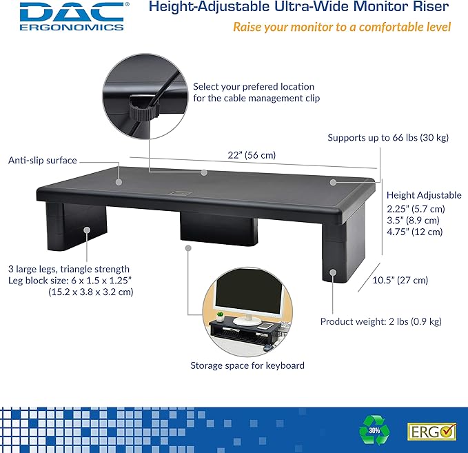 DAC STAX Ultrawide Adjustable, Stackable Desktop Computer Monitor Stand Laptop Riser, Supports up to 66 Pounds, with Keyboard Storage, Black (MP-211)