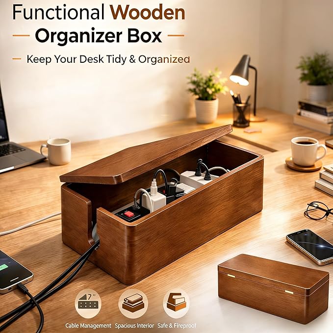 [Tikora] Spring Cleaning Essential: Real Walnut Solid Wood Cable Management Box, Magnetic Lid Cord Organizer for Desk & Home Office - 14.17" x 6.1" x 4.78"