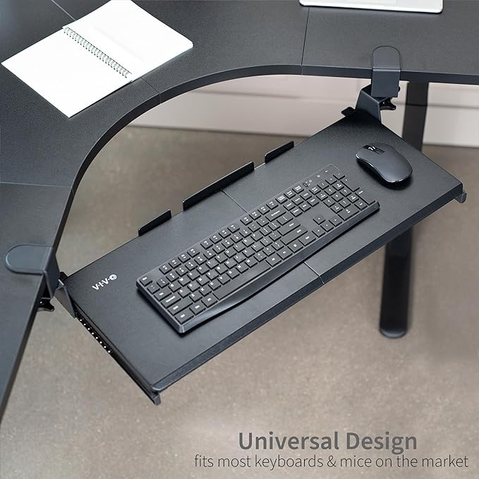 VIVO Large Pull Out Keyboard Tray for Corner Desk, 27 (33 Including Clamps) x 11 inch Slide-Out Platform Computer Drawer, 90-Degree Swivel C-Clamps for L-Shaped Workstation, Black, MOUNT-KB10C