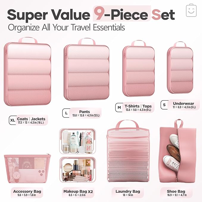 Veken 9/11 Set Compression Packing Cubes for Travel Essentials,Compressible Expandable Large Luggage Suitcase Organizer Bags for Clothing,Durable Space Saver Storage Bags with Toiletry Bags(Pink)