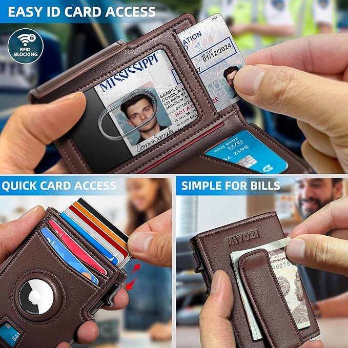 miyozi Airtag Wallet for Men,with Money Clip 10 Cards Metal Case Smart Slim Pop Up Credit Card Holder Flip with Magnetic Closure RFID Blocking wallet with Gift Box