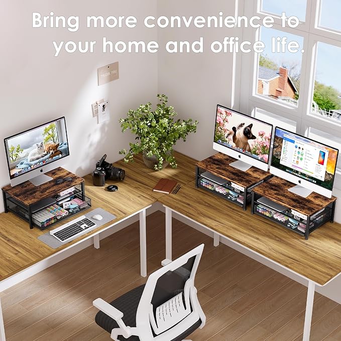 OPNICE Computer Monitor Stand Riser, Desk Organizer with Drawer, Printer & Laptop Stand, Office Desk Accessories & Workspace Desktop Organizers Storage for Office Supplies(Brown)