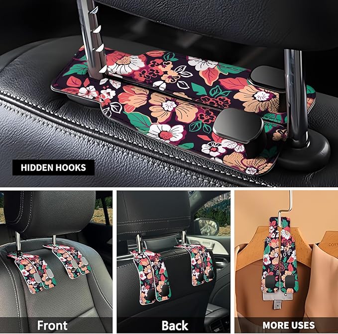 Car Seat Headrest Hook, Universal Leather Cute Hanger Holder Hook, Storage Organizer Interior Accessories for Purse Bags Handbag Colorful Boho Flowers
