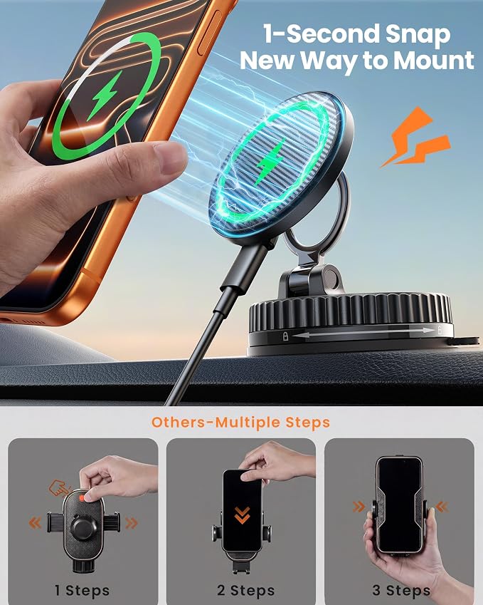 MagSafe Car Mount Charger 15W, Magnetic Wireless Car Charger [89+LBS Strong Suction, 2800gf Strong Magnetic] Car Phone Holder, Phone Holders for Your Car Accessories for iPhone 17-12, Samsung, Gifts
