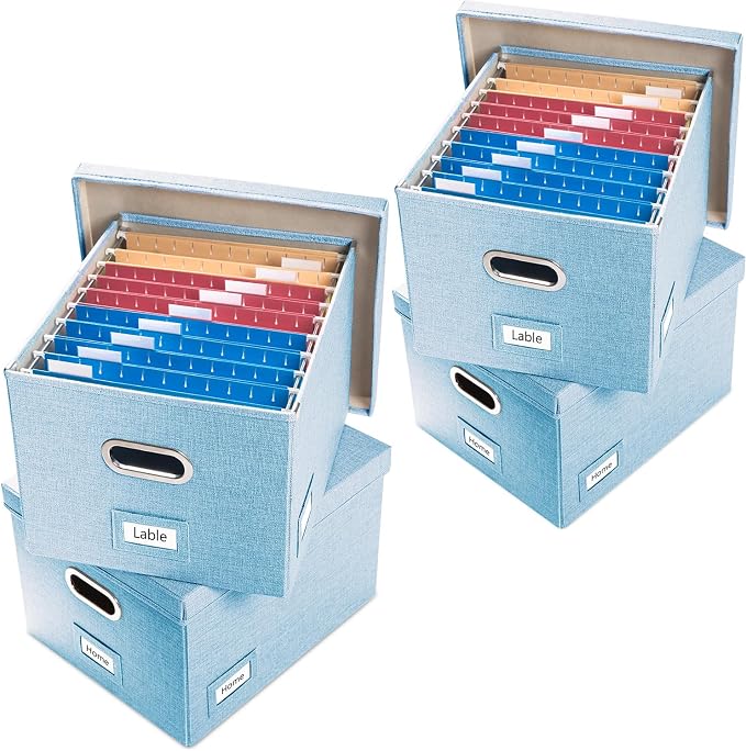 PRANDOM File Organizer Box - Set of 4 Collapsible Decorative Linen Filing Storage Hanging File Folders with Lids Office Cabinet Letter/Legal Size Blue 17.1x14x11.1 inch