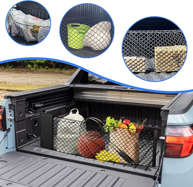 Envelope Style Truck Cargo Net Compatible with Hyundai Santa Cruz 2022-2024 & Toyota Highlander 2014-2025 Accessories, Heavy Duty Carabiners Highly Elastic Truck Bed Mesh Cargo Net