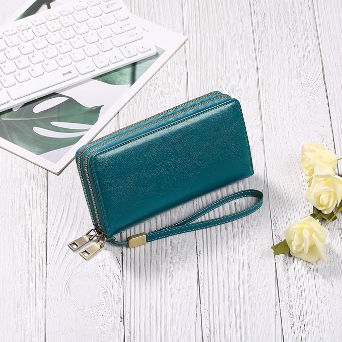 GAEKEAO Wallet for Women Clutch RFID Blocking Wristlet Leather Purse Large Capacity Credit Card Holder with Grip Hand Strap