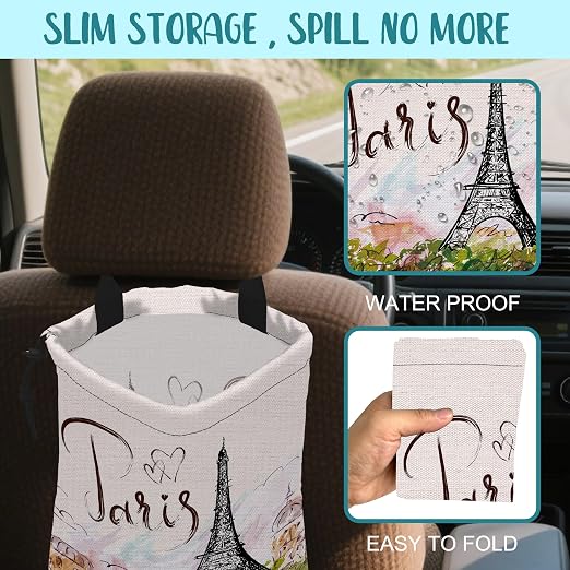 Car Garbage Bag Eiffel Tower Paris Drawstring Car Trash Bag Hanging for Back Seat with Adjustable Buckle Canvas Vehicle Trash Can Easy-to-Install