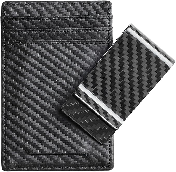 Travelambo Money Clip for Men Carbon Fiber Clip Wallet Leather Slim Minimalist Card Holder RFID Blocking (Weaved Black)