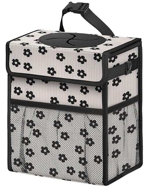 Corduroy Car Trash Can with Lid and Mesh Pockets - Leakproof Organizer,Multipurpose Waterproof Garbage Can/Trash Bin for Car(Black Floral-3 Gallons)