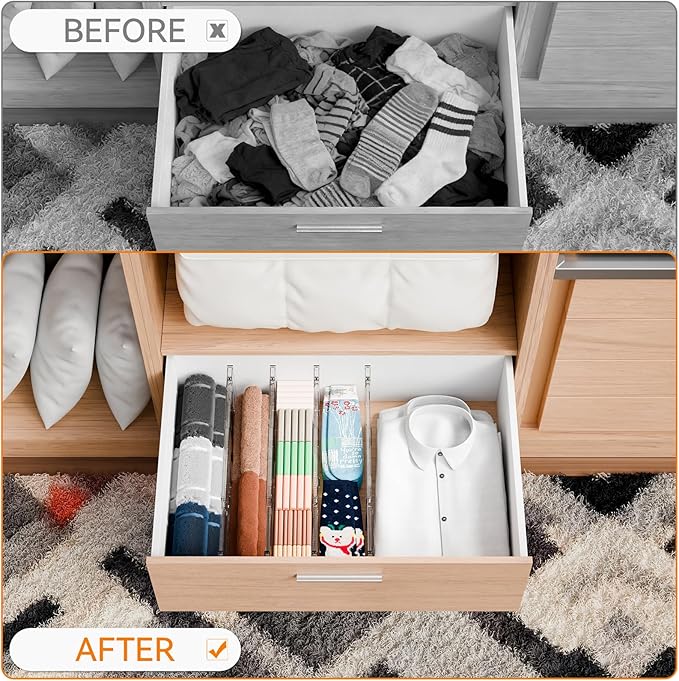 Yieach 8 Pack Clear Acrylic Drawer Divider 6 Inch High,Expandable from 14-20'',Adjustable Dresser Drawer Dividers for Baby Clothing,Underwear and Sock,Separators,Deep Drawer Separators for Kitchen
