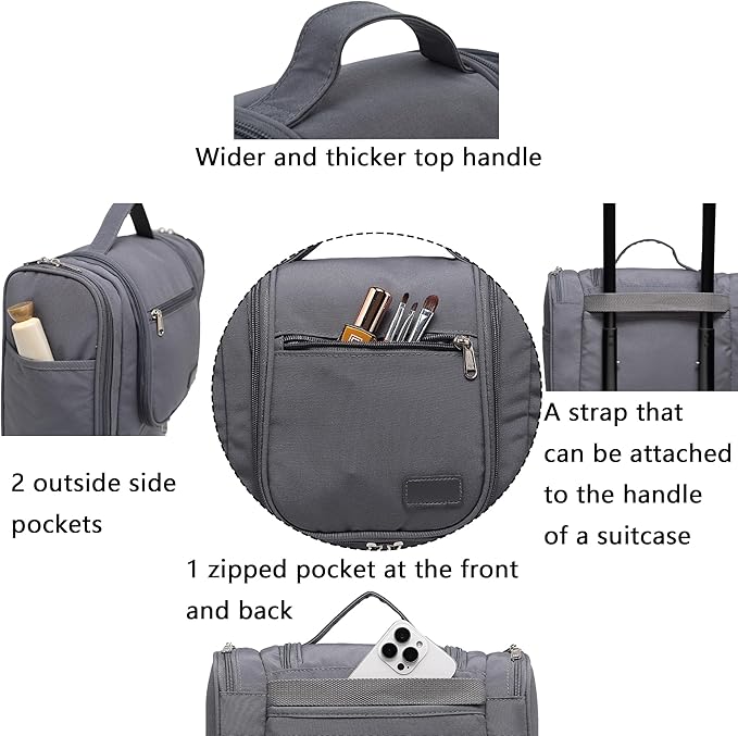 Hanging Travel Toiletry Bag for Men and Women with Metal Swivel Hook, Large Travel Makeup Organizer for Full Sized Cosmetics and Toiletries, Water-Resistant Bathroom Toiletry Bags, Grey