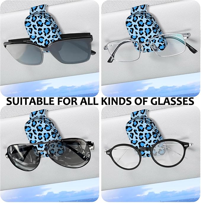 2 Pack Sunglass Holder for Car Visor, Universal Magnetic Car Sunglass Holder for Different Size Eyeglasses, Car Visor Accessories (Leopard-Blue)