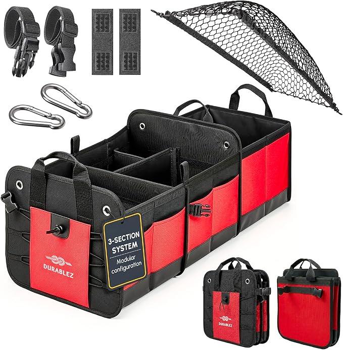 XL Trunk Organizer 3-Section Modular – Extra Large Car Storage for Groceries & Travel Gear, Multi-Compartment Foldable Cargo Bin – Red