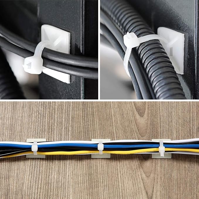 100 Set Cable Zip Tie Self Adhesive Mounts Kit with 6" Zip Ties, 3/4" Wire Holders Squares, Screws - Sticky Wire Fasteners Cable Clips Management Anchors Organizer - White