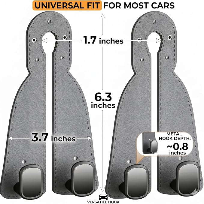 2 Pack Leather Car Seat Back Double Hooks - Heavy Duty Metal Core Headrest Hangers for Purses, Bags & Groceries - Anti-Drop & Scratch-Free Auto Interior Organizer Holder (Grey)