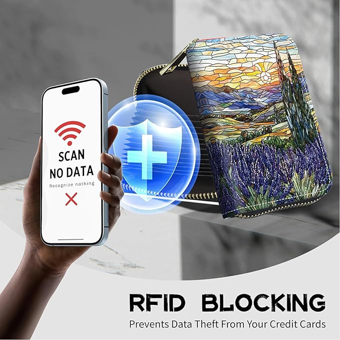 Cute Credit Card Holder with Zipper, Stained Glass Lavender RFID-Blocking Card Case Small Wallet for Women Men, Multi-slot Card Organizer Case Travel Accordion Wallet