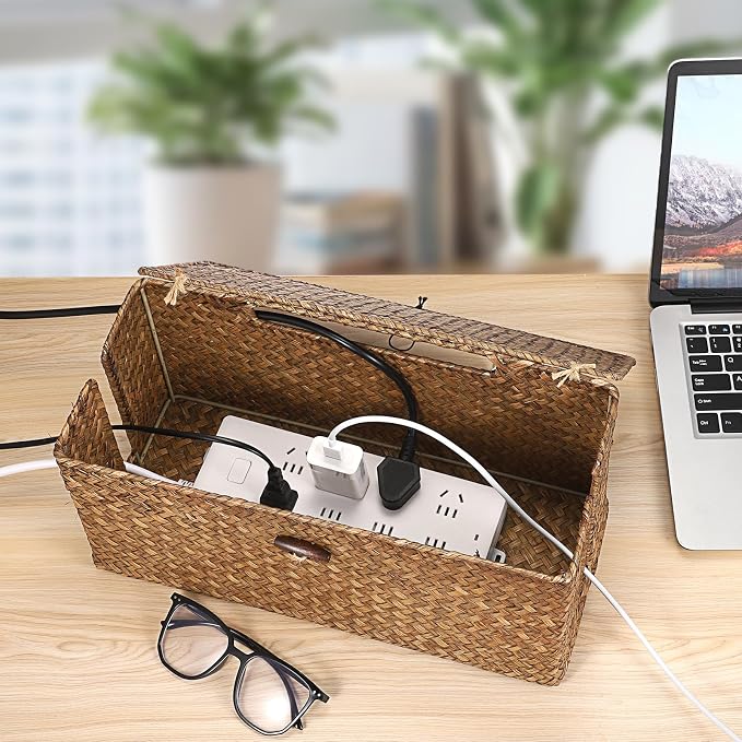 BTSKY Woven Cable Management Box with Lid, Seagrass Cord Organizer with 2 Open Slots for Power Strips & USB Hubs, Under Desk Cord Hider Box for Home Office, Pet Proofing Wire Basket, Large