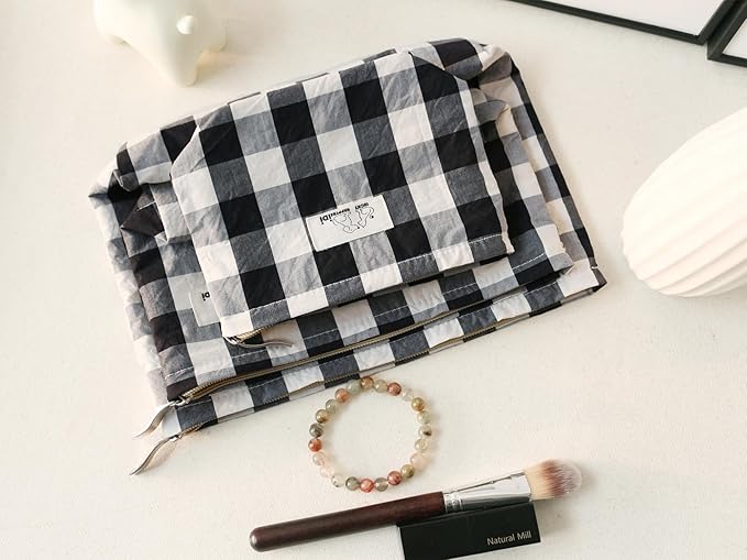 HAPPYHEIDI Cotton Black White Checker Makeup Bag Set 3 with Compartment Cosmetic Toiletry Travel Pouch,Purse Accessory Organizer, 3-Size, Canvas Lined