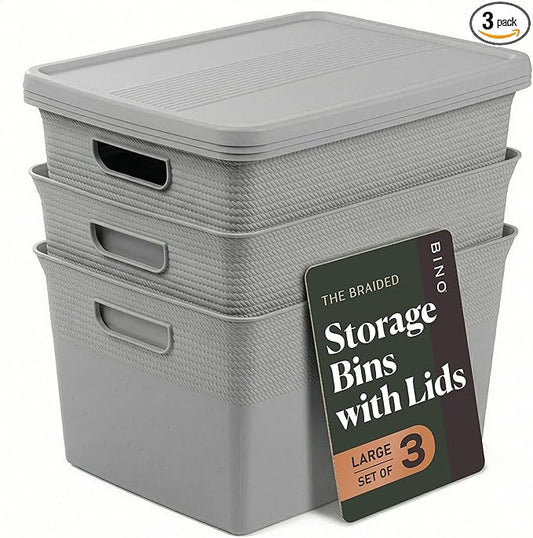 BINO | Plastic Storage Bins with Lids, 22 Liter - 3 Pack, Natural Grey | THE BRAIDED COLLECTION | Plastic Bins for Organization Woven Storage Baskets for Organizing Pantry Shelf Organizer Basket Bin