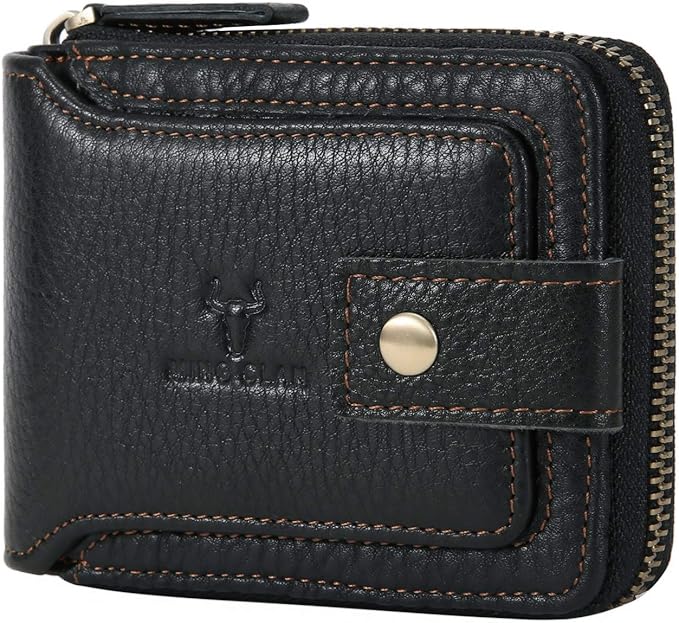Zipper Wallet Men RFID Blocking Leather Bifold Wallets For Men - Flap ID Window Zip Coin Pocket Mens Zipper Wallets - Big Capacity Credit Card Travel Wallet (Black)