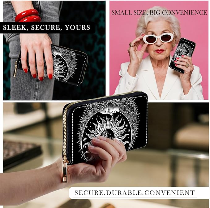 RFID-Blocking Zip Around Wallets for Women with Detachable Wrist Strap,Large Capacity Phone Holder with Card Organizer & Coin Pocket,Sun Moon Stars