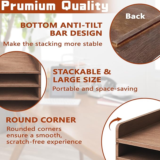 PROLEE Wooden Paper Tray Organizer for Desk,Stackable Paper Holder and Letter Tray,4-Tier Desktop File Storage Rack for Study,Home and Office(Walnut,14" x 9.5" x 2.5")