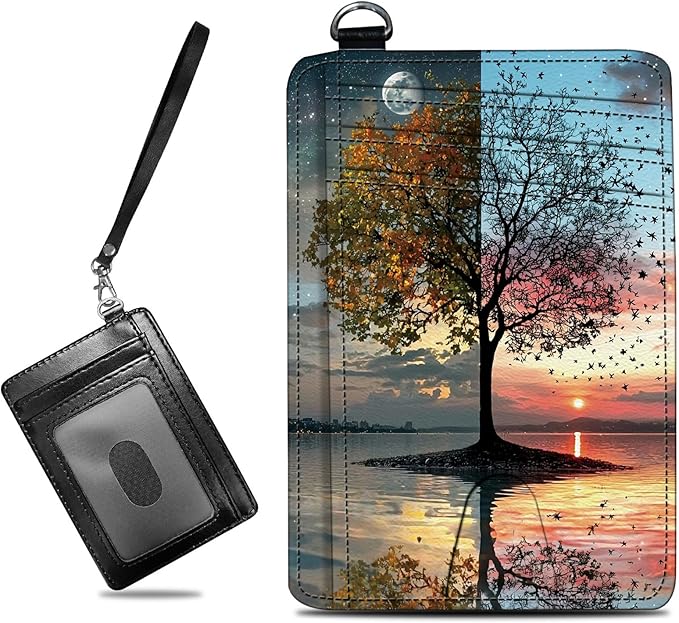 Small Travel Wallets, Day and Night Art Tree Slim Minimalist Front Pocket Wallet with Wristlet, RFID Blocking PU Leather Credit Card Holder with ID Window Change Purse for Men Women