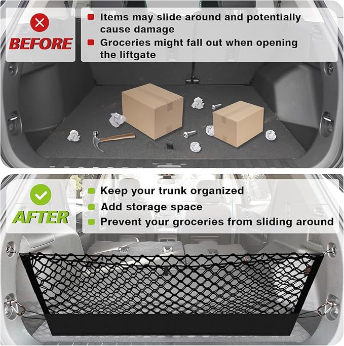 Muslogy Truck Bed Cargo Net Trunk Netting Compatible with 2018-2024 Chevy Equinox | GMC Terrain Accessories, Pickup Cargo Organizer SUV Sedan Storage Net w/Heavy Duty Carabiners