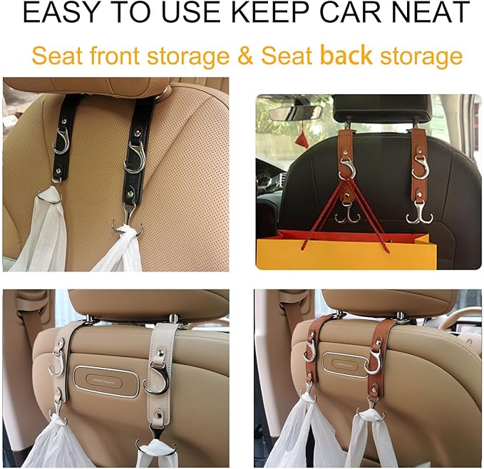 yicheyiyou Headrest Hooks for Car Back Seat Organizer Black Faux Leather Hanger Holder Hook, for Hanging Purses and Bags and Coats Grocery Bag Umbrellas Handbag Car Accessories Interior Men for Women