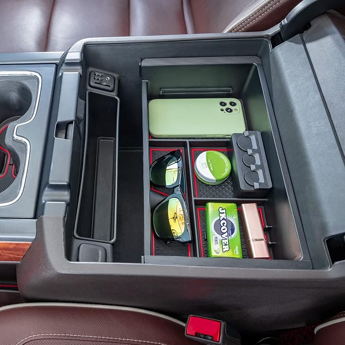 JKCOVER Compatible with Chevy Silverado/GMC Sierra 2014-2018 and Chevy Tahoe Suburban/GMC Yukon 2015-2020 Center Console Organizer Tray Accessories-Full Console w/Bucket Seats ONLY - (Red Trim)