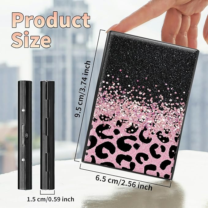 Slim Credit Card Holder, Pink Glitter Leopard RFID Blocking Metal Wallet for Men & Women, Aluminum Minimalist Hard Case Pocket-Sized Business Cards Organizer (Fits Up to 10 Cards)