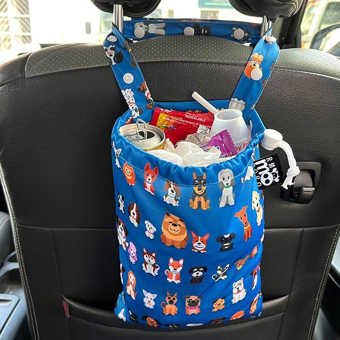 Waterproof Car Trash Bag Reusable Portable Garbage Can with Drawstring Top Adjustable Hanging Strap Leakproof & Washable for Cars SUVs & Trucks (Dog Family)
