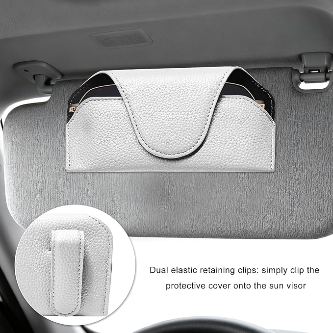 Sunglass Holder for Car Visor, Magnetic Auto Sun Visor Eyeglass Organizer with Dual Back Clips, Leather Glasses Protective Storage Case Universal for Most Vehicles Visors (White)