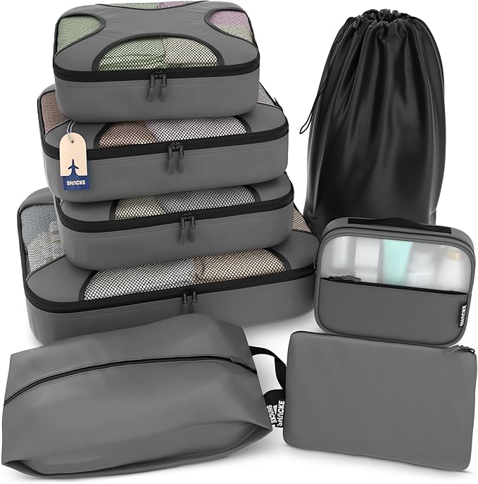 Shacke Packing Cubes for Travel 8 Set - Premium Luggage Organizer Bags - Versatile Travel Organizer for Women and Men - Optimized Packing Bags - Travel Essentials (Dark Grey)