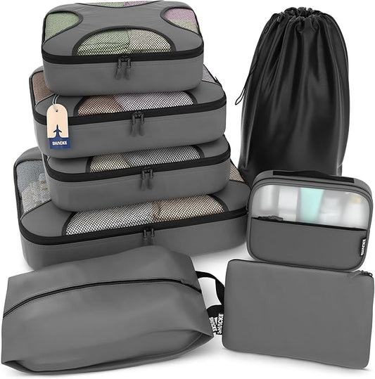 Shacke Packing Cubes for Travel 8 Set - Premium Luggage Organizer Bags - Versatile Travel Organizer for Women and Men - Optimized Packing Bags - Travel Essentials (Dark Grey)