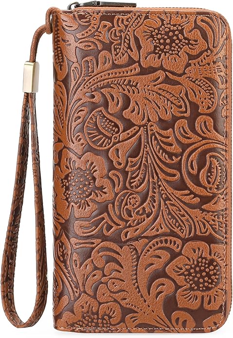 GOIACII Women's Wallet Wristlet Ladies Phone Purse RFID Blocking Large Card Holder Double Zip Grip Strap Vegan Leather
