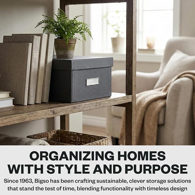 Bigso Box of Sweden Karin Collapsible Storage Box with Labelframe for Easy Identification - Simple Assembly Without Tools - Decorative Storage Boxes with Lids - 8.9in x 12.4in x 5.4in - Dark Gray